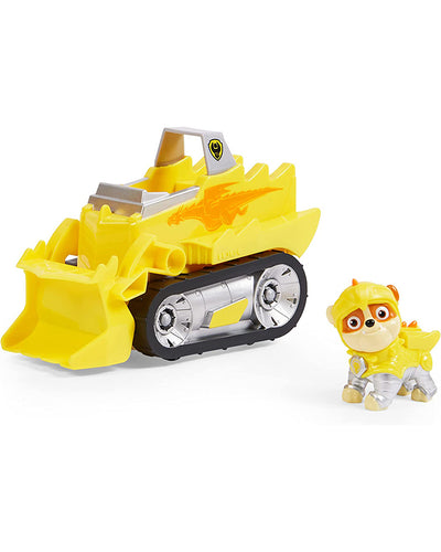 Rubble dressed in yellow and silver knight armor placed next to his matching bulldozer with yellow dragon decal.