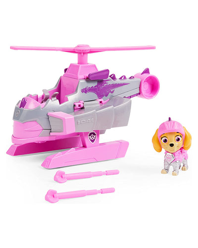 Skye dressed in pink and silver knight armor placed next to her matching helicopter with pink dragon decal and 2 pink projectiles.