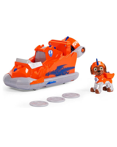Zuma dressed in orange knight armor placed next to his matching vehicle with dragon decal and 3 discs.