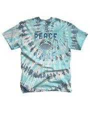 Blue tie dye shirt with ombre lettering saying "Peace, Love" with crab in the middle.