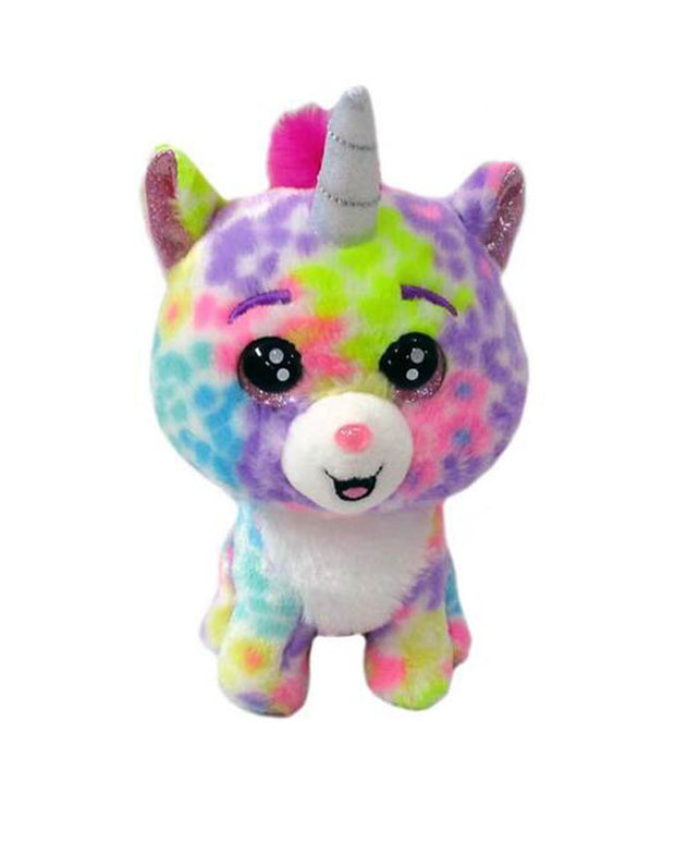 Vibrant-colored spotty caticorn plush with fluffy pink hair, sparkling pink eyes, and a white unicorn horn. 