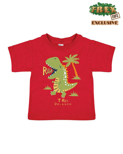 Red tee with cartoon T-Rex walking and screaming "Rawr!".