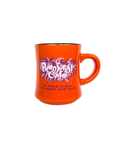 Bright orange mug with purple Rainforest Cafe logo in center.