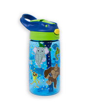Blue and green push-button lid with built-in straw and Rainforest Cafe characters print design.
