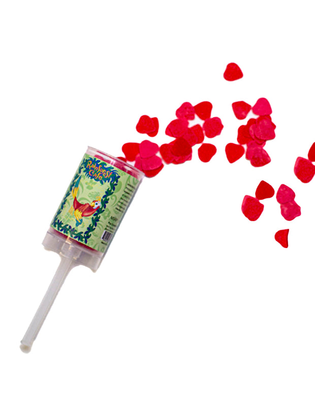 Rio the Parrot Push-Pop Confetti in front of white background with red heart confetti popping out.