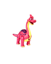 Pink, purple, and yellow Rocksy the Apatosaurus in front of white background.