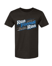Charcoal black cotton tee that says "Run Forrest Run" as a front center chest detail shown in front of white background.