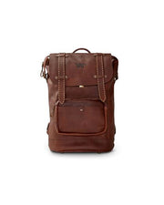 Leather backpack with center pocket, top handle, and King Ranch logo on flap.