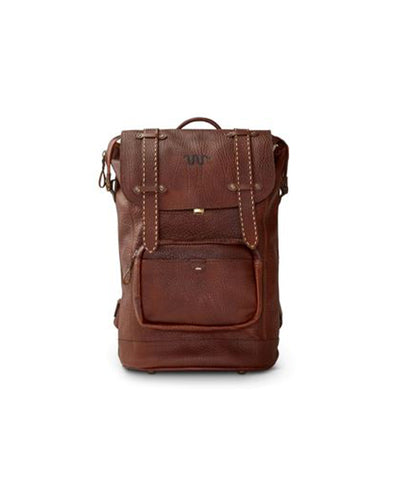 Leather backpack with center pocket, top handle, and King Ranch logo on flap.