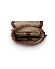 Inside of backpack with 2 inside pockets and tan fabric with King Ranch lopo pattern.