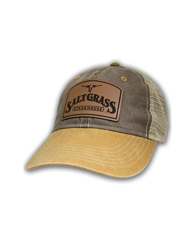 Grey and brown cap with mesh backing and Saltgrass leather logo.