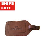 Brown leather luggage tag with King Ranch branding and red "Ships Free" logo in top corner.