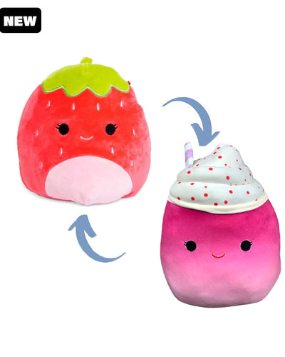 Scarlet the Strawberry Squishmallow flips to become Cinnamon the Frozen Yogurt Squishmallow with black "New" tag in corner.