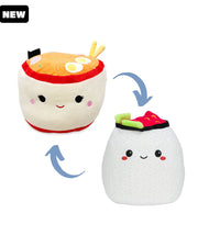 Raisy the Ramen Bowl Squishmallow flips to become Shun the Sushi Squishmallow with black "New" tag in top corner.