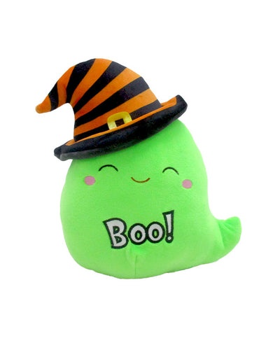 A joyful green plush ghost adorned with a striped witch’s hat, featuring the exclamation ‘Boo!’ on its front, set against a plain white background.