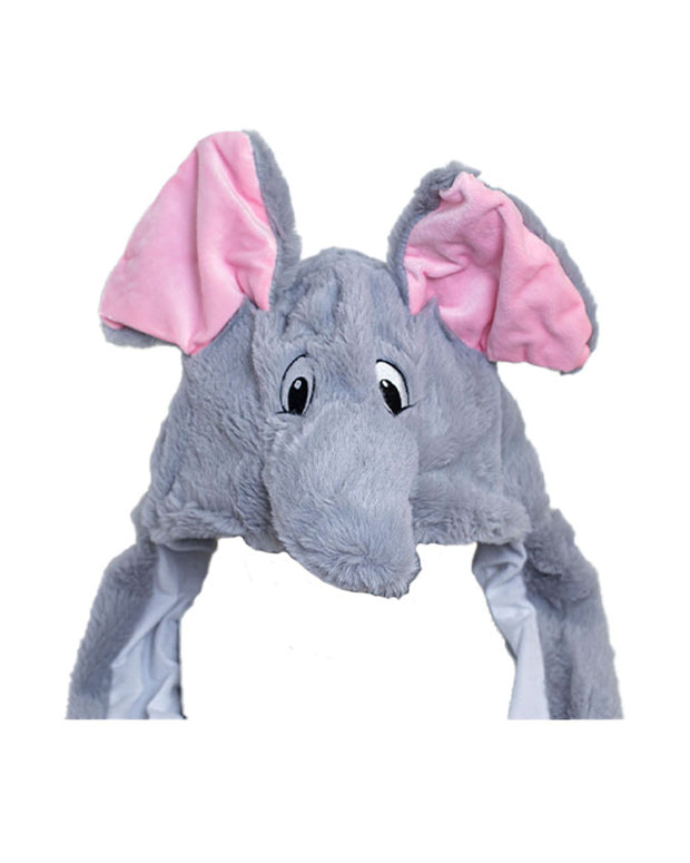 Grey Tuki the Elephant plush hat with pink ears flipped up.