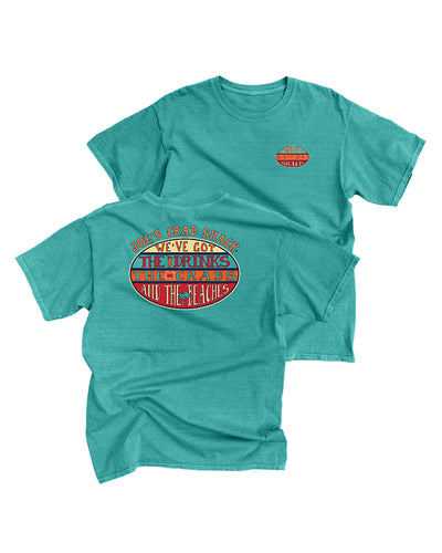 Teal shirt with front and back design including Joe's Crab Shack branding and "We've Got The Drinks, The Crabs, And The Beaches" in multicolor font.